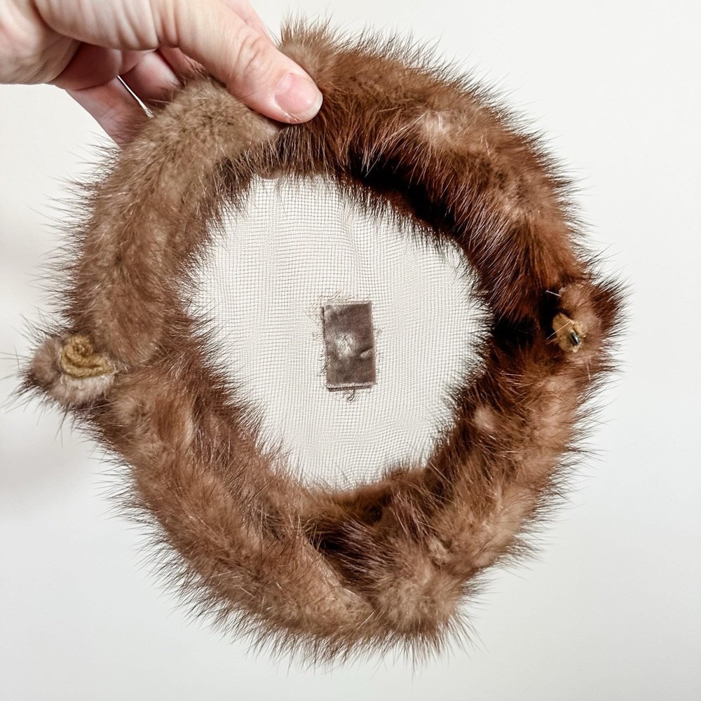 VTG 50's Women's‎ Mink Fur Net Hat Fascinator Hair Piece Brown Winter - Picture 4 of 7